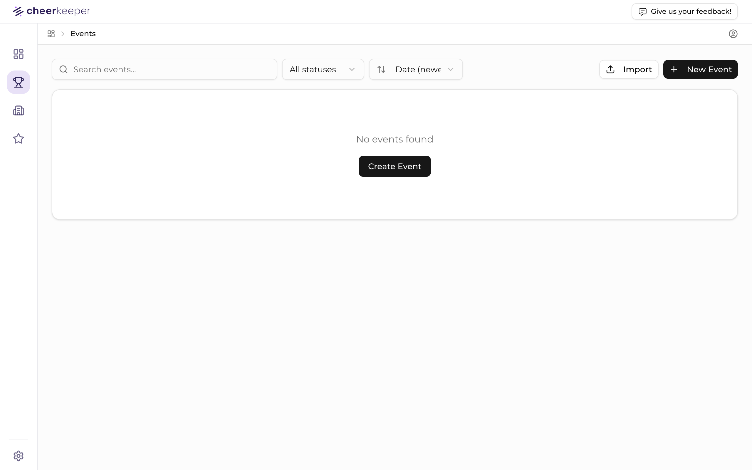 Empty events dashboard with New Event button