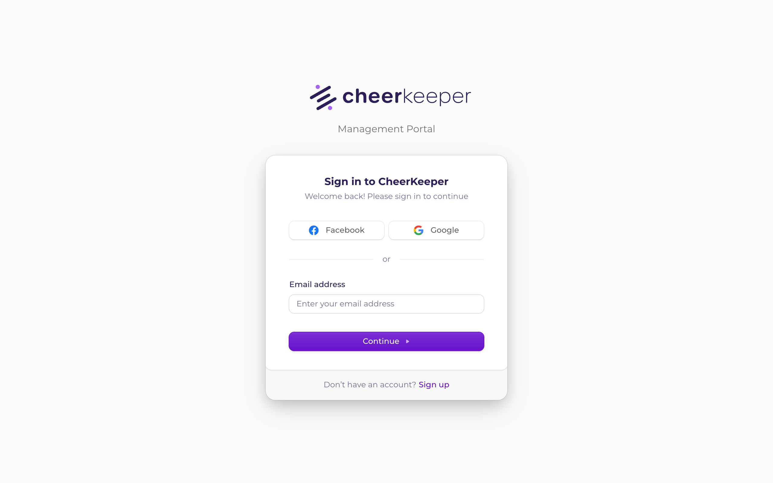 CheerKeeper sign-in page with email and Google OAuth options