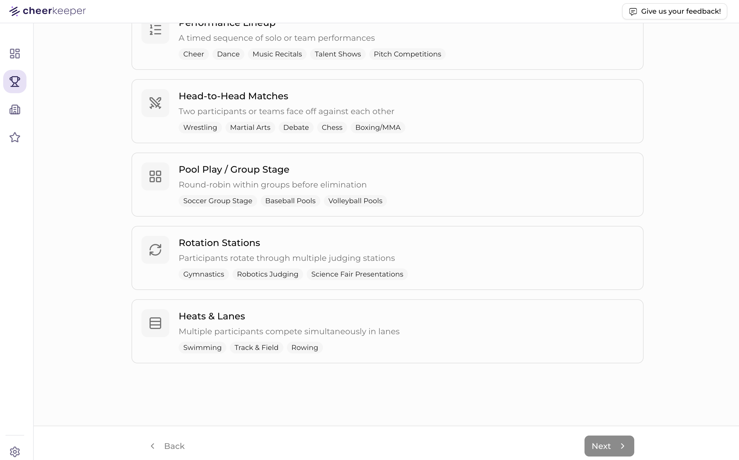 Tournament Builder Step 1 showing 5 format options: Performance Lineup, Head-to-Head Matches, Pool Play, Rotation Stations, and Heats & Lanes